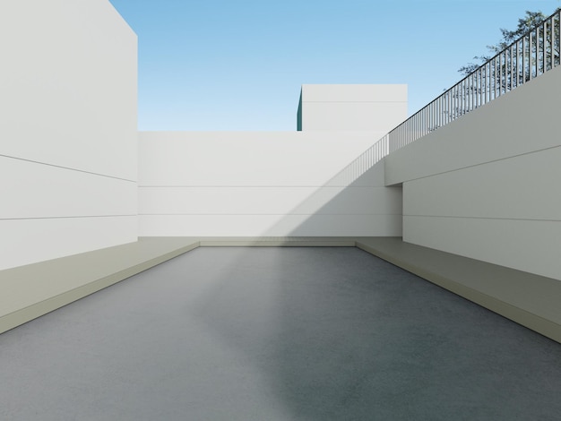 Render 3d de edificio mínimo con piso de concreto y pared blanca Arquitectura moderna