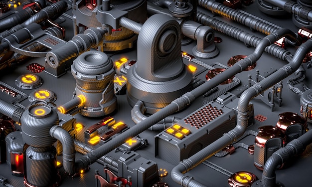 Render 3D de elementos mecánicos futuristas en fibra de carbono