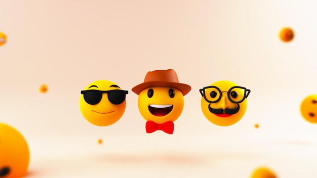 Render 3D de emojies de felicidad contra fondo de melocotón pastel