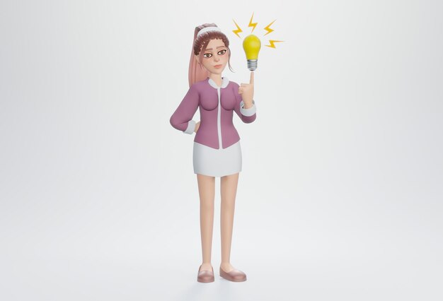 Render 3d Empresaria con bombilla amarilla Concepto de innovación e inspiración