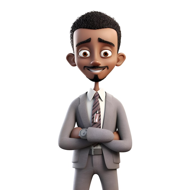 Render 3D de un empresario africano con una cara sonriente