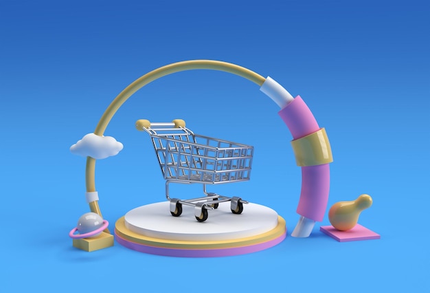 Render 3D Escena del carrito de la compra de la escena del podio mínimo para el diseño de publicidad de productos de visualización.