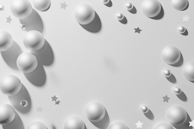 Render 3D de esferas metálicas blancas mate, perlas y marco de confeti de estrellas sobre un fondo monocromático claro estilo plano