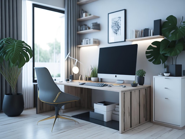 Render 3D del espacio de trabajo interior moderno de la sala de estar con escritorio y computadora de escritorio