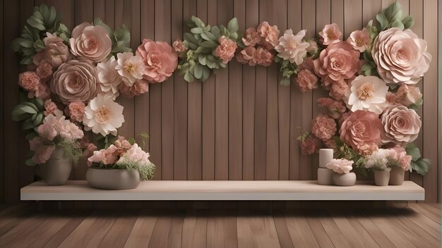 Render 3D de estante de flores con flores sobre fondo de pared de madera