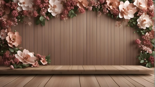 Render 3D de estante de madera con flores sobre fondo de pared de madera