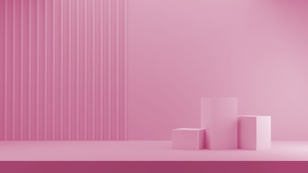 Render 3D para exhibición de tienda. tres cubos de podio rosa en colores pastel y fondo rayado.