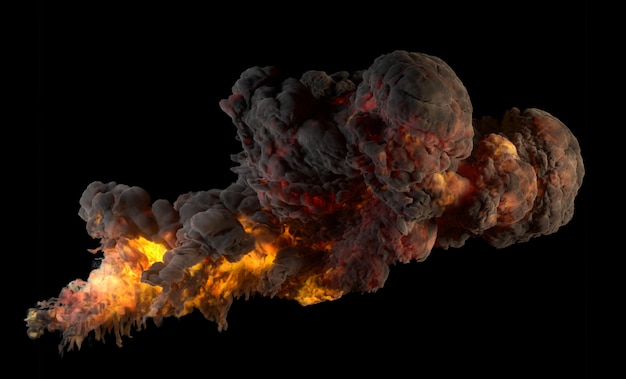 Render 3D de explosión con humo y fuego en el fondo negro.