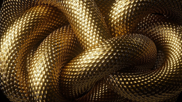 Render 3D de fantasía abstracta con fondo de serpientes doradas onduladas y enredadas