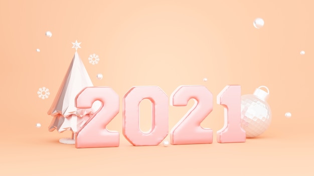 Render 3D de feliz año nuevo 2021 con decoración