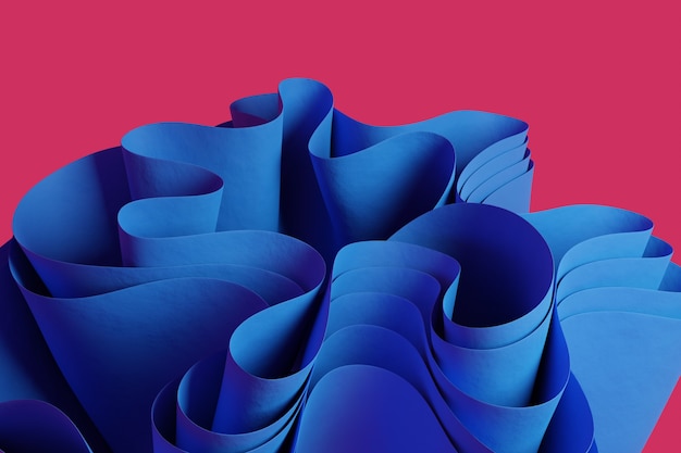 Render 3D de una figura ondulada abstracta azul sobre un fondo rosa Papel tapiz con objetos 3D