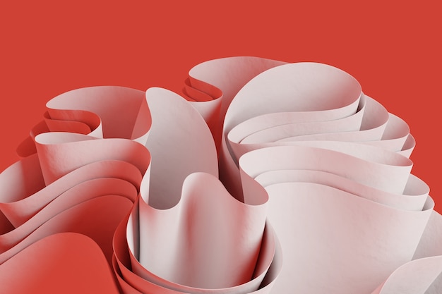 Render 3D de una figura ondulada abstracta blanca sobre un fondo rojo Papel tapiz con objetos 3D
