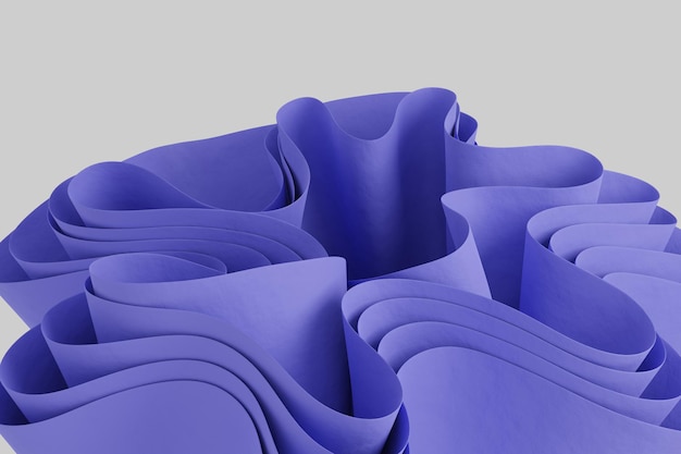 Render 3D de una figura ondulada abstracta violeta sobre un fondo blanco Papel tapiz con objetos 3D