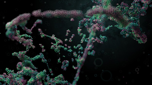 Render 3D de fondo abstracto con forma de ADN hecha de una gran cantidad de partículas pequeñas. Destrucción del ADN por infección de daño. Renderizar con profundidad de campo.