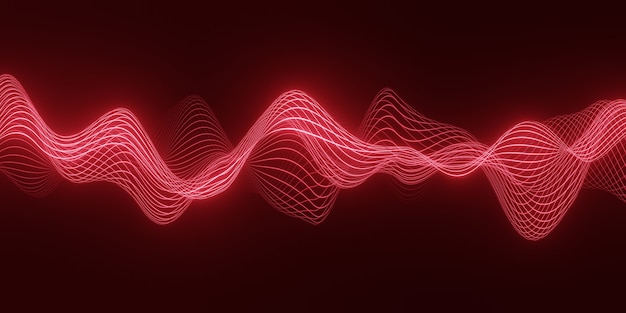 Render 3D de fondo abstracto con una onda roja de partículas fluidas sobre líneas de forma curva suave y oscura