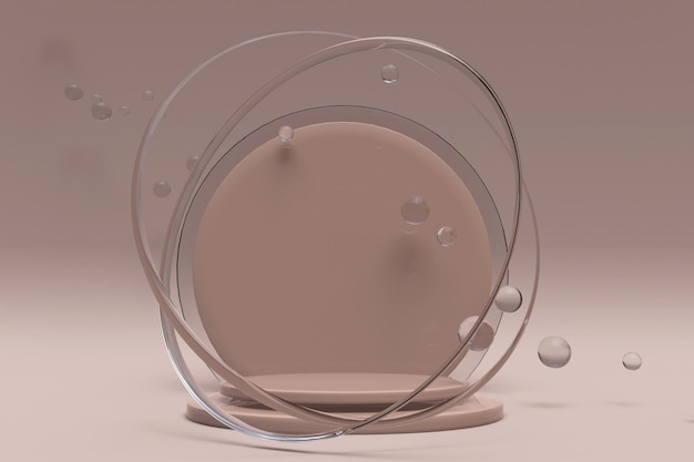Render 3D de fondo beige con burbujas voladoras y podio vacío Diseño abstracto con esferas