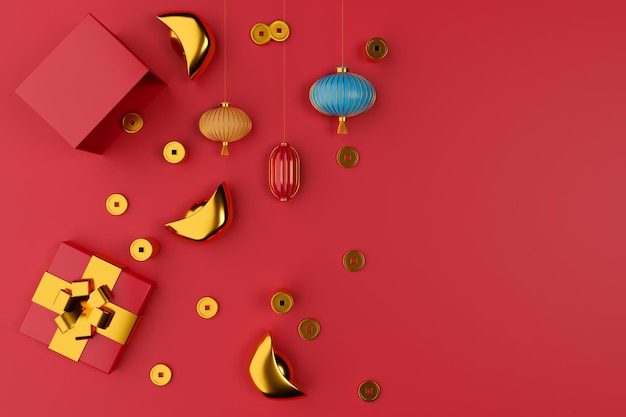 Render 3d Fondo del día de año nuevo chino con linterna de monedas de caja de regalo y lingotes de oro