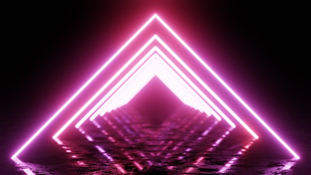 Render 3D, fondo geométrico abstracto, luz ultravioleta fluorescente, líneas de neón brillantes, efecto de profundidad de campo.