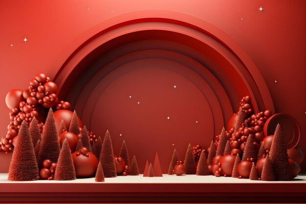 Render 3D de fondo navideño con bolas rojas y abetos generado por IA