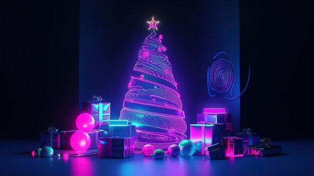 Render 3D Fondo de neón de Navidad con abeto Generativo Ai