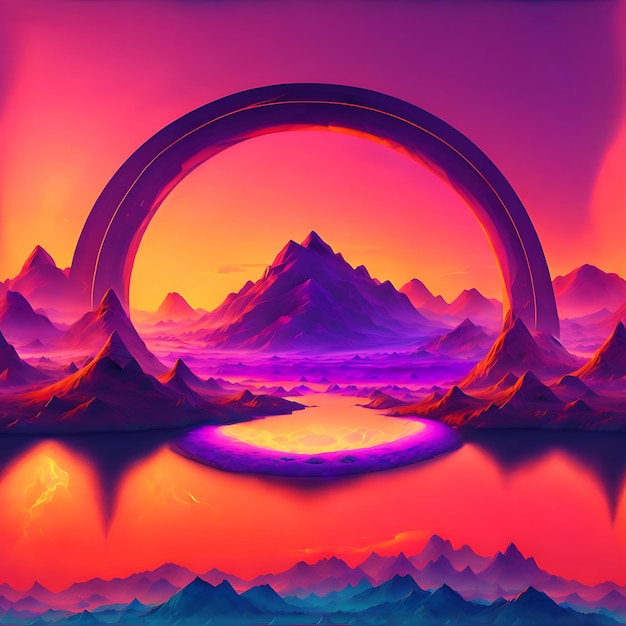 Render 3d Fondo de pantalla abstracto con puesta de sol o amanecer y forma geométrica redonda