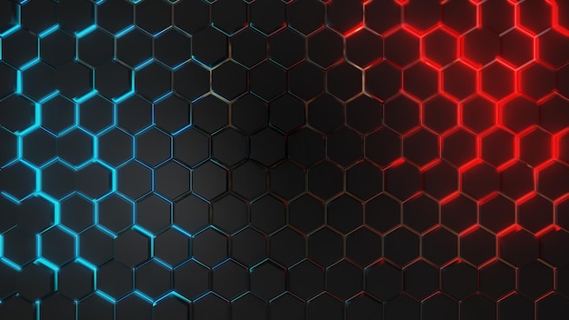 Render 3D Fondo de tecnología abstracta de hexágono gris oscuro con iluminación brillante de color azul y rojo bajo hexágono