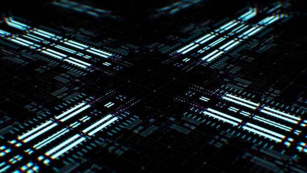 Render 3D de fondo de tecnología compleja. Render multicapa. Procesamiento de datos abstractos.