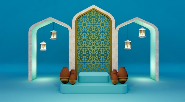Render 3D de fondo temático de Ramadán con objetos decorativos islámicos para presentaciones de productos