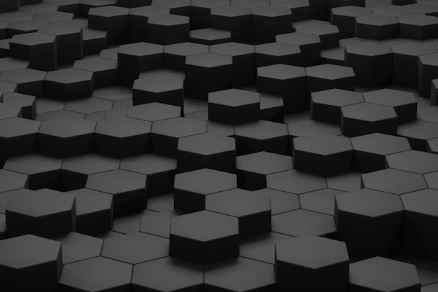 Render 3D de fondo volumétrico de hexágonos negros. Fondo negro abstracto.