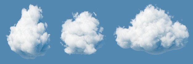 Foto render 3d formas aleatorias de nubes blancas abstractas aisladas sobre fondo azul prediseñadas de etapas cumulus