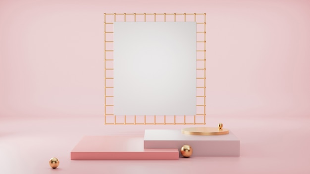 Render 3D, formas primitivas, pared geométrica abstracta, podio de cilindro, minimalista moderno, plantilla en blanco, rejilla metálica de oro rosa, escaparate vacío, exhibición de la tienda, colores pastel rosa