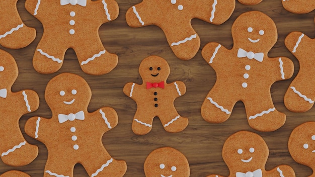 Render 3D de galletas de jengibre sobre fondo de madera Galletas de jengibre de Navidad