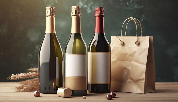 Render 3d garrafas de mockup de champanhe de vinho com um rótulo vazio e saco de papel com um lugar