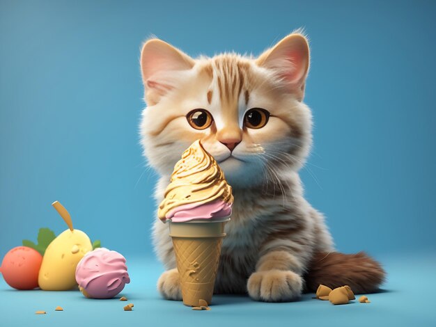 Render 3D Gato lindo con helado en fondo azul