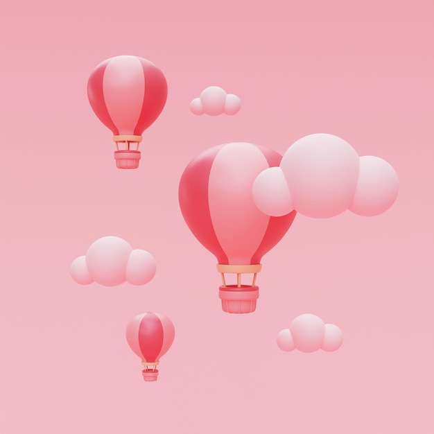 Render 3d de globo aerostático rosa en el cielo, concepto de turismo y viajes, día de san valentín, vacaciones de vacaciones. estilo minimalista.