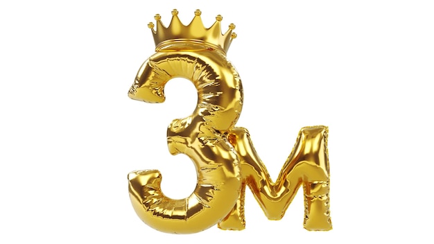 Foto render 3d de globos número dorado tres o tres con el concepto de seguidores de la corona del rey dorado