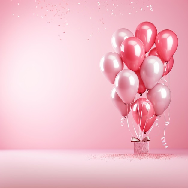 Render 3d de globos rosas y caja de regalo.