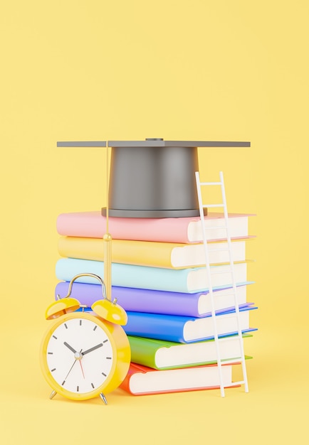 Render 3D de gorro de graduación con concepto de educación, pila de libros, escalera, reloj despertador amarillo para su diseño de maqueta