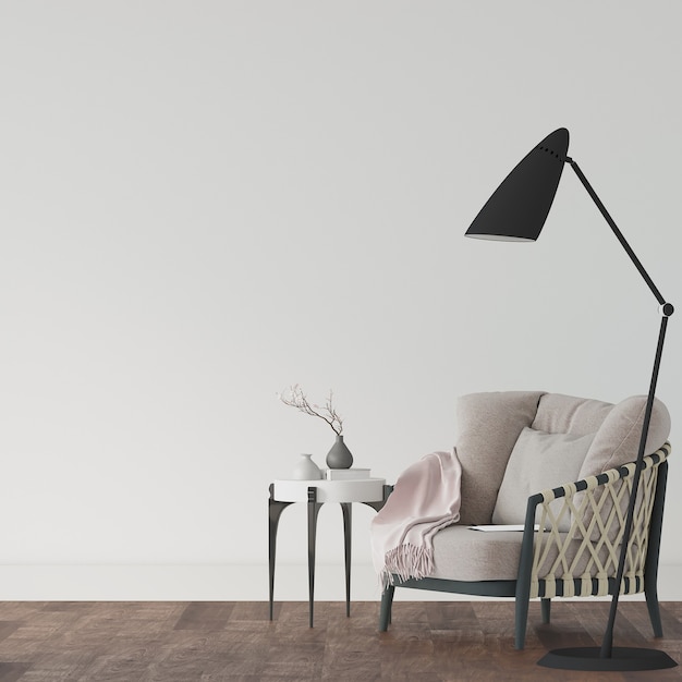 Render 3D de una habitación con sillón y lámpara