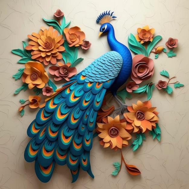 Render 3d hermoso y colorido pavo real
