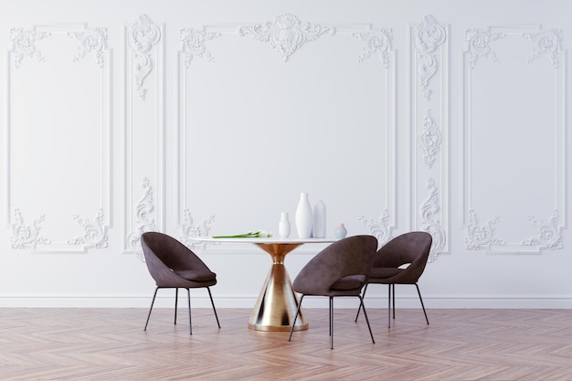Render 3d de hermoso interior con mesa y sillas
