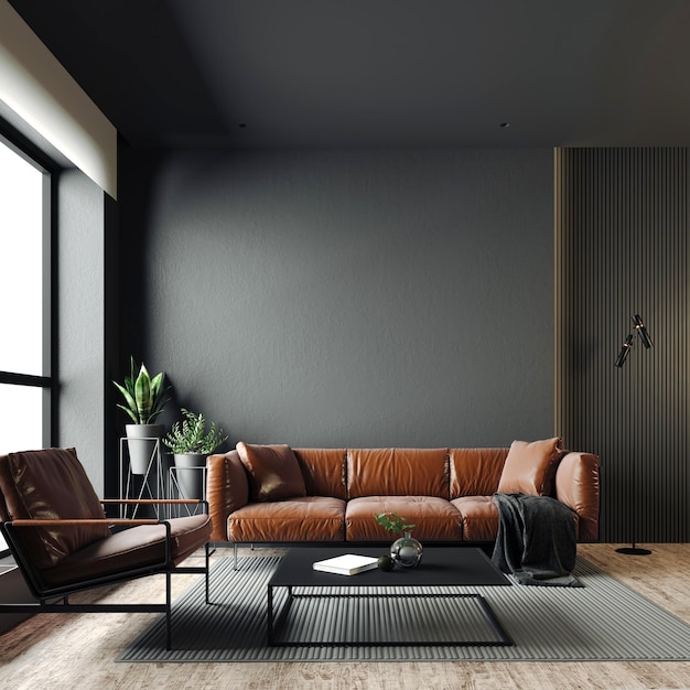 Render 3d de un hermoso interior con paredes grises oscuras