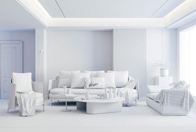 Render 3d de hermoso interior con sofá y sillas