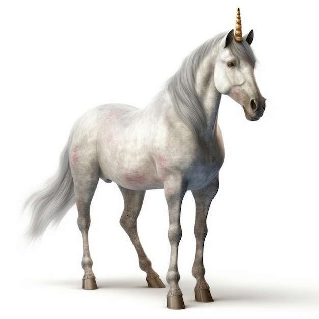 Render 3D hiperrealista de unicornio sólo sobre un fondo blanco.