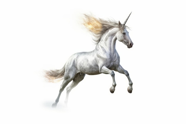 Render 3D hiperrealista de unicornio sólo sobre un fondo blanco.