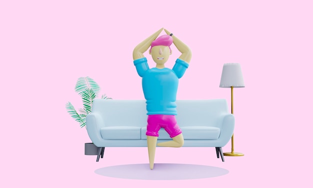 Render 3d Hombre feo haciendo yoga en casa pose de árbol