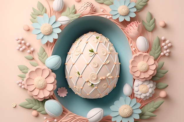 Render 3D de huevos y flores para el fondo de la tarjeta de felicitación del día de Pascua