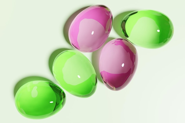 Foto render 3d de huevos de pascua de vidrio de color verde menta y rosa sobre un fondo verde menta