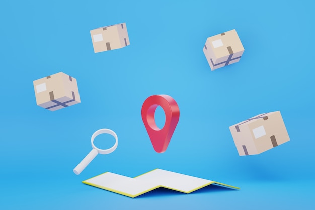 Foto render 3d del icono de marca de localización gps y entorno de mapa con caja de cartón flotante