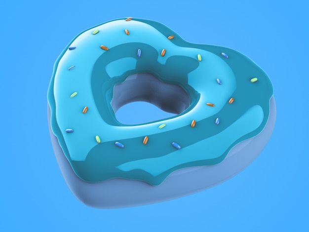 Render 3D Ilustración de color pastel 3d glaseado render donut con forma de corazón.